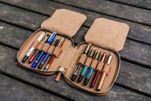 GALEN LEATHER ZIPPERED 10 SLOTS PEN CASE - BROWN